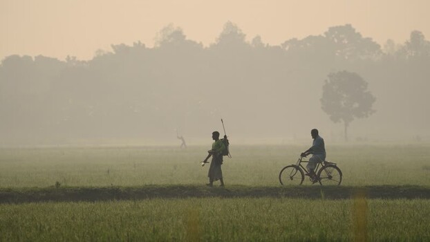 View of farmers walking through misty fields in Bogura Bangladesh.