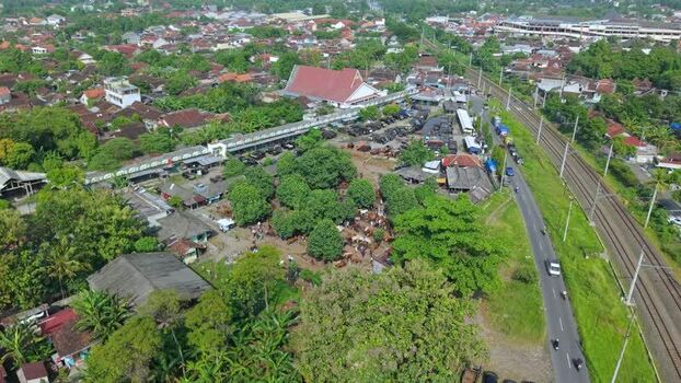 Aerial view of Animal Market Prambanan and railway Indonesia. Aerial view of Animal Market Prambanan and railway Indonesia.