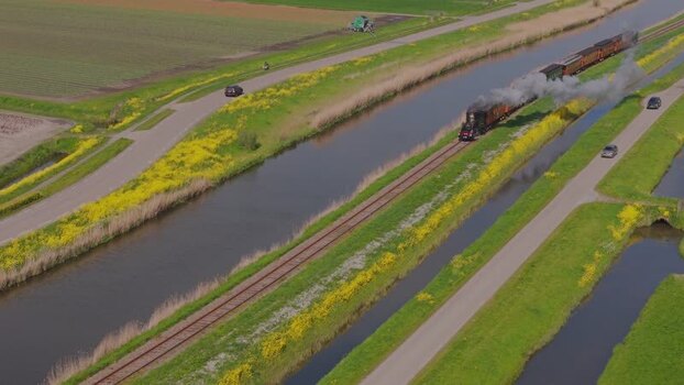Aerial view of Museum Hoorn Medemblik steam train Netherlands.