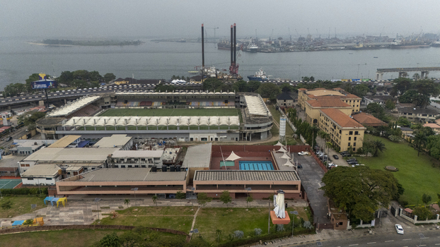Aerial view of Onikan Stadium and surrounding urban landscape on Lagos Island in Lagos Lagos Nigeria. Aerial view of Onikan Stadium and surrounding urban landscape on Lagos Island in Lagos Lagos Nigeria.