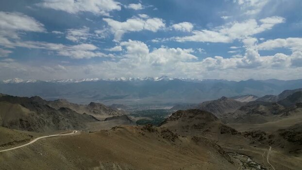 Aerial view of Khardung La pass and winding road India.