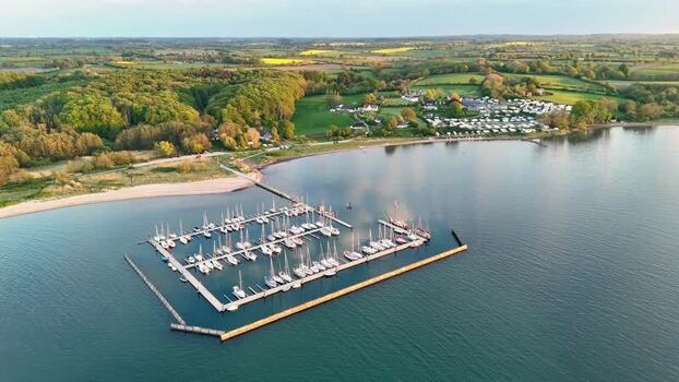 Aerial view of Bockholmwik marina and coastline Germany. Aerial view of Bockholmwik marina and coastline Germany.