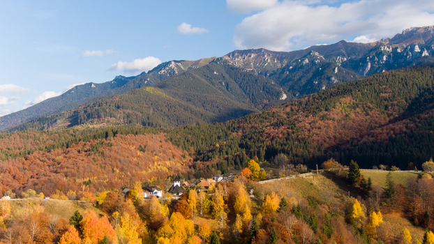 Aerial view of the autumn landscape in the Carpathian Mountains featuring colorful trees and a small village in Bran Brasov Romania. Aerial view of the autumn landscape in the Carpathian Mountains featuring colorful trees and a small village in Bran Brasov Romania.