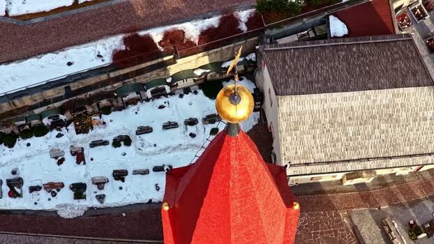 Aerial view of Nauders church spire in Tyrol Austria.