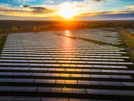 Trino Italy 30 March 2026 Aerial view of a vast solar farm reflecting the fiery sunset its panels stretching towards the horizon amid the golden light. Trino Italy 30 March 2026 Aerial view of a vast solar farm reflecting the fiery sunset its panels stretching towards the horizon amid the golden light.
