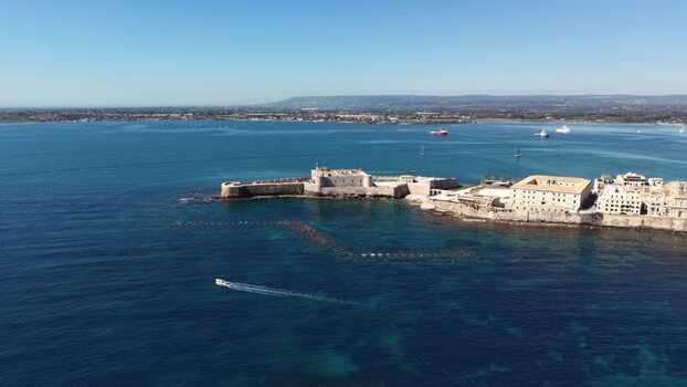 Aerial view of Castello Maniace and Ortygia island Italy.