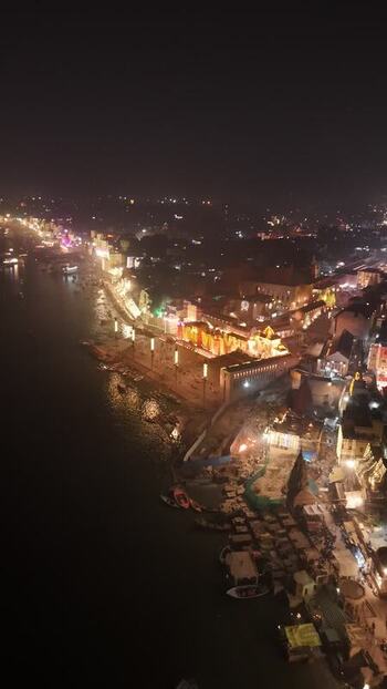 Aerial view of Dashashwamedh Ghat at night in Varanasi India.