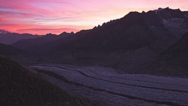 Aerial view of Aletsch Glacier at sunset in Switzerland.