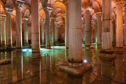 Fatih Istanbul Turkiye 26 July 2026 View of the Basilica Cistern with its iconic marble columns reflected in the shallow water illuminated by warm ambient lighting.