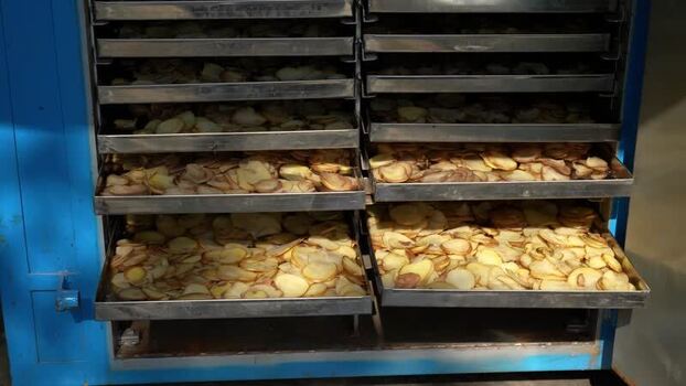 View of sliced potatoes on metal trays in a dryer Nepal.