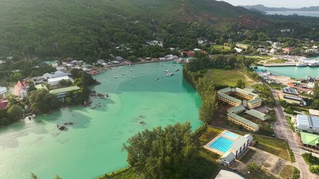 Aerial view of Praslin Ferry Harbour and turquoise waters Seychelles.
