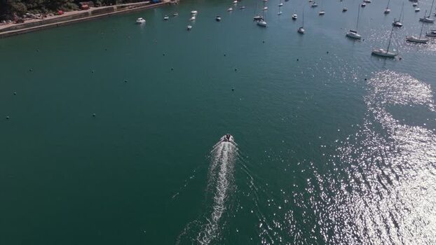 Aerial view of rib boat on River Fowey United Kingdom. Aerial view of rib boat on River Fowey United Kingdom.