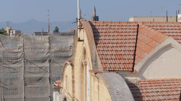 Aerial view of historic building with tiled roof in Nicosia Cyprus.