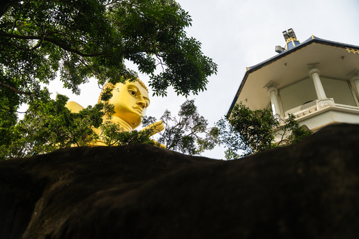 View of the large golden Buddha statue and white temple structure framed by lush green trees and dark rocks in Dambulla Central Province Sri Lanka.