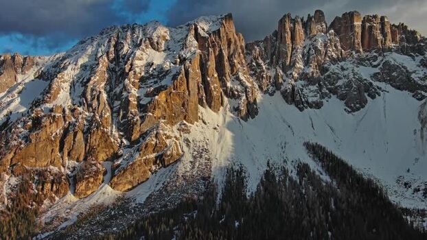 Aerial view of Dolomite Mountains in Canazei Italy.