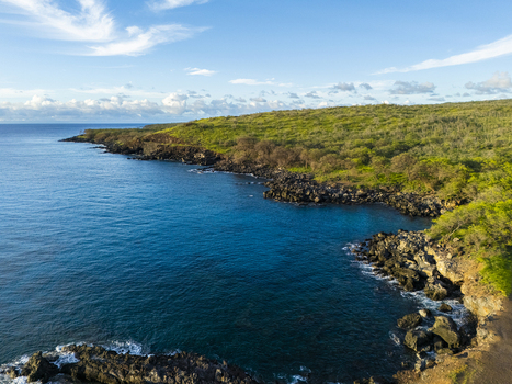 Aerial view of Mahukona Beach Park featuring the rugged volcanic coastline and turquoise waters under a bright sky in Waimea Hawaii United States.