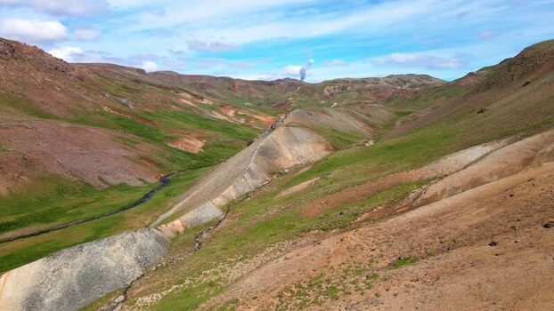 Aerial view of Grensdalur geothermal valley in Iceland. Aerial view of Grensdalur geothermal valley in Iceland.