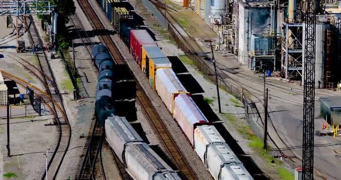Aerial view of freight train cars in a rail yard United States. Aerial view of freight train cars in a rail yard United States.