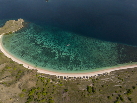 Aerial view of Pink Beach with turquoise waters coral reefs and rocky coastline in East Nusa Tenggara Indonesia. Aerial view of Pink Beach with turquoise waters coral reefs and rocky coastline in East Nusa Tenggara Indonesia.