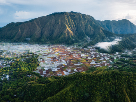 Aerial view of the Sembalun agricultural basin nestled at the foothills of Mount Rinjani with colorful patchwork fields and lush green slopes in Sembalun West Nusa Tenggara Indonesia. Aerial view of the Sembalun agricultural basin nestled at the foothills of Mount Rinjani with colorful patchwork fields and lush green slopes in Sembalun West Nusa Tenggara Indonesia.