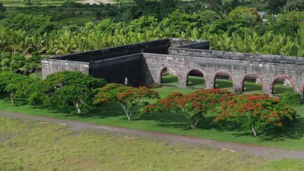 Aerial view of stone ruins with arches in Quatre Cocos Mauritius.