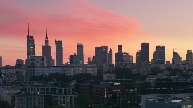 Aerial view of Warsaw skyline at sunset in Poland.