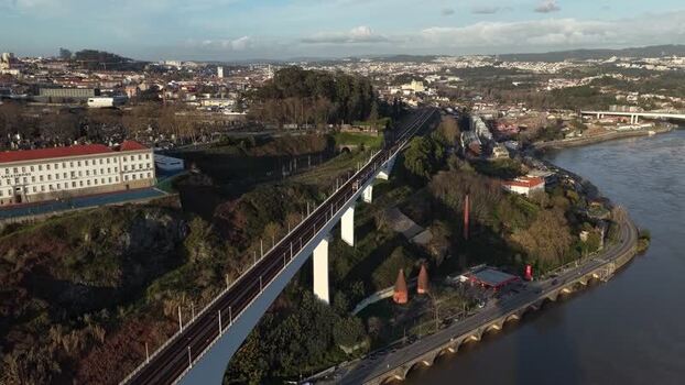 Aerial view of Maria Pia Bridge over Douro Portugal.