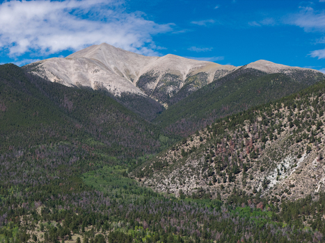 Aerial view of Mount Antero with its rocky summit pine forests and rugged slopes under a clear blue sky in Nathrop Colorado United States. Aerial view of Mount Antero with its rocky summit pine forests and rugged slopes under a clear blue sky in Nathrop Colorado United States.