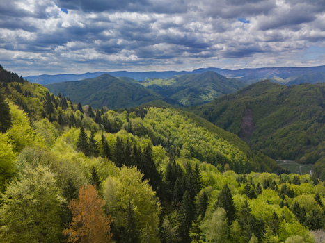 Aerial view of the Valley under Spania Dolina featuring dense green forests and rolling hills under a dramatic cloudy sky Spania Dolina Banska Bystrica Regio Slovakia.