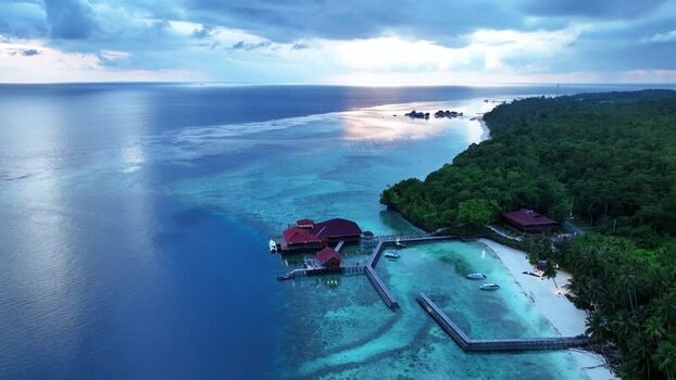 Aerial view of Maratua resort in East Kalimantan Indonesia.