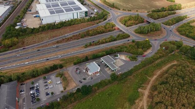 Aerial view of a petrol station in Bedford United Kingdom.