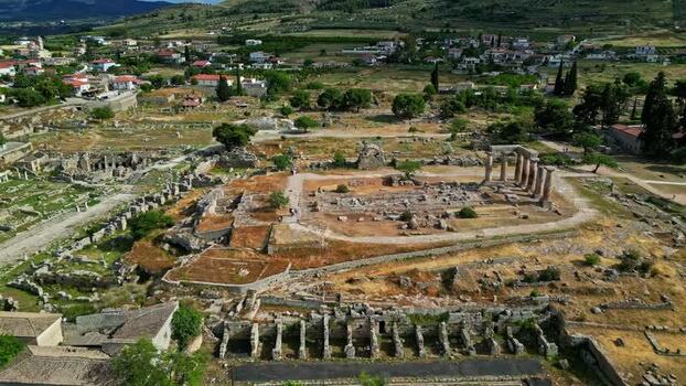 Aerial view of the Temple of Apollo in Ancient Corinth Greece.
