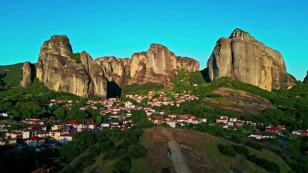 Aerial view of Meteora rock formations and village in Greece.