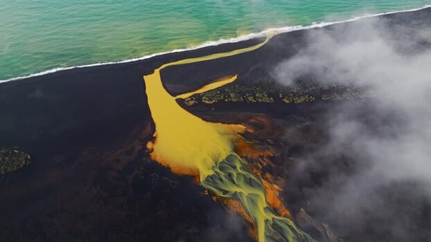 Aerial view of a yellow glacial river on a black sand beach Iceland. Aerial view of a yellow glacial river on a black sand beach Iceland.