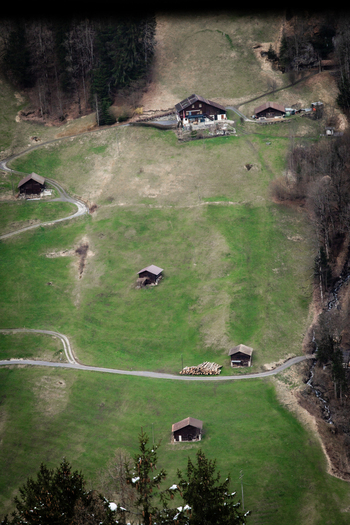 View of quaint wooden houses dotting a verdant valley roads winding through emerald fields under the diffused light of a cloudy sky Lauterbrunnen Switzerland. View of quaint wooden houses dotting a verdant valley roads winding through emerald fields under the diffused light of a cloudy sky Lauterbrunnen Switzerland.