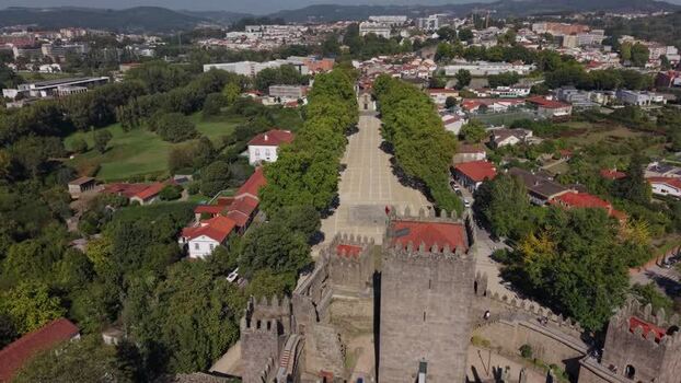 Aerial view of Guimaraes Castle in Guimaraes Portugal.