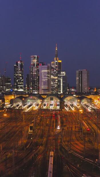 Aerial view of Hauptbahnhof and skyline in Frankfurt Germany.