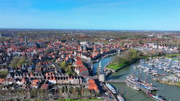 Aerial view of the historic harbor and old town in Hoorn Netherlands.