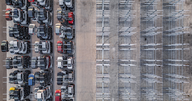 Livron sur Drome France 20 June 2026 Aerial view of an automated car storage facility with multi level vehicle stacking racks and rows of parked automobiles. Livron sur Drome France 20 June 2026 Aerial view of an automated car storage facility with multi level vehicle stacking racks and rows of parked automobiles.
