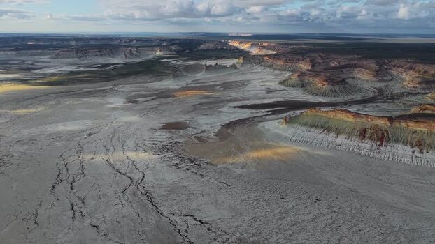 Aerial view of Bozjyra chalk cliffs and desert Kazakhstan.