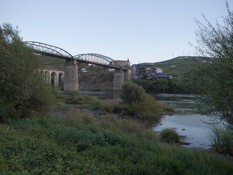 View of the metal truss bridge spanning the Douro River with terraced vineyards and buildings in the background in Peso da Regua Vila Real District Portugal.