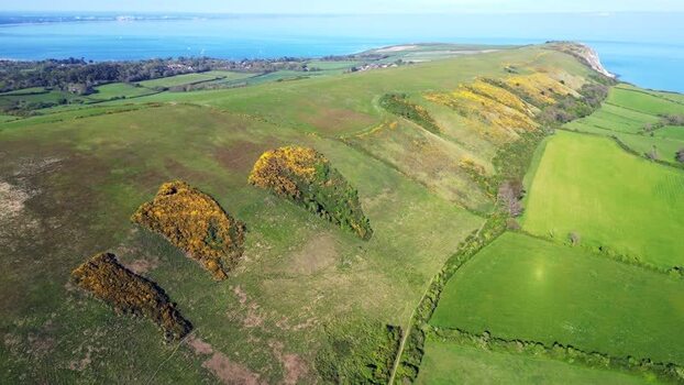 Aerial view of Swanage Bay and green Purbeck Hills United Kingdom.