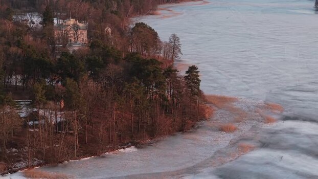 Aerial view of Lake Galve and buildings Lithuania.