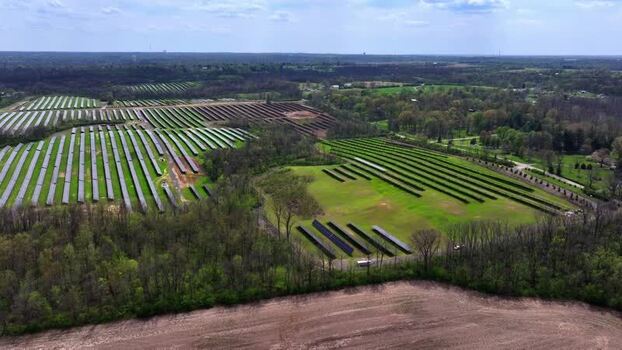 Aerial view of solar panel array United States.