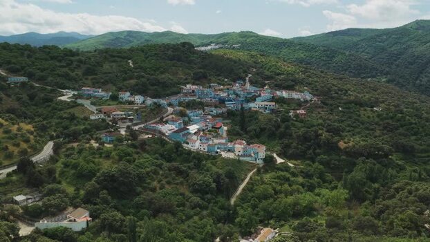 Aerial view of the blue village of Juzcar Spain.