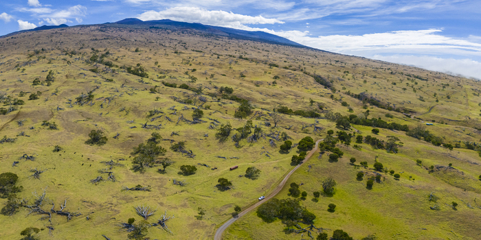 Aerial view of the rolling slopes of Mauna Kea with a winding dirt road and sparse vegetation under a blue sky in Hawaii County Hawaii United States. Aerial view of the rolling slopes of Mauna Kea with a winding dirt road and sparse vegetation under a blue sky in Hawaii County Hawaii United States.