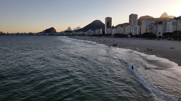 Aerial view of Copacabana Beach and city skyline Brazil.