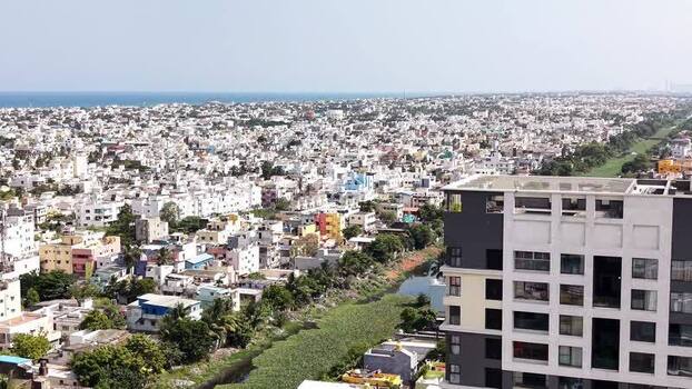 Aerial view of modern high rise and dense urban landscape India.