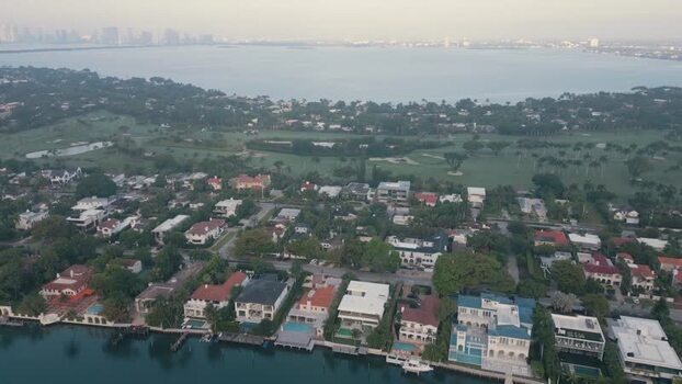 Aerial view of luxury waterfront homes in Miami Beach United States.