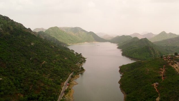 Aerial view of Baahubali Hills Udaipur and lake India.